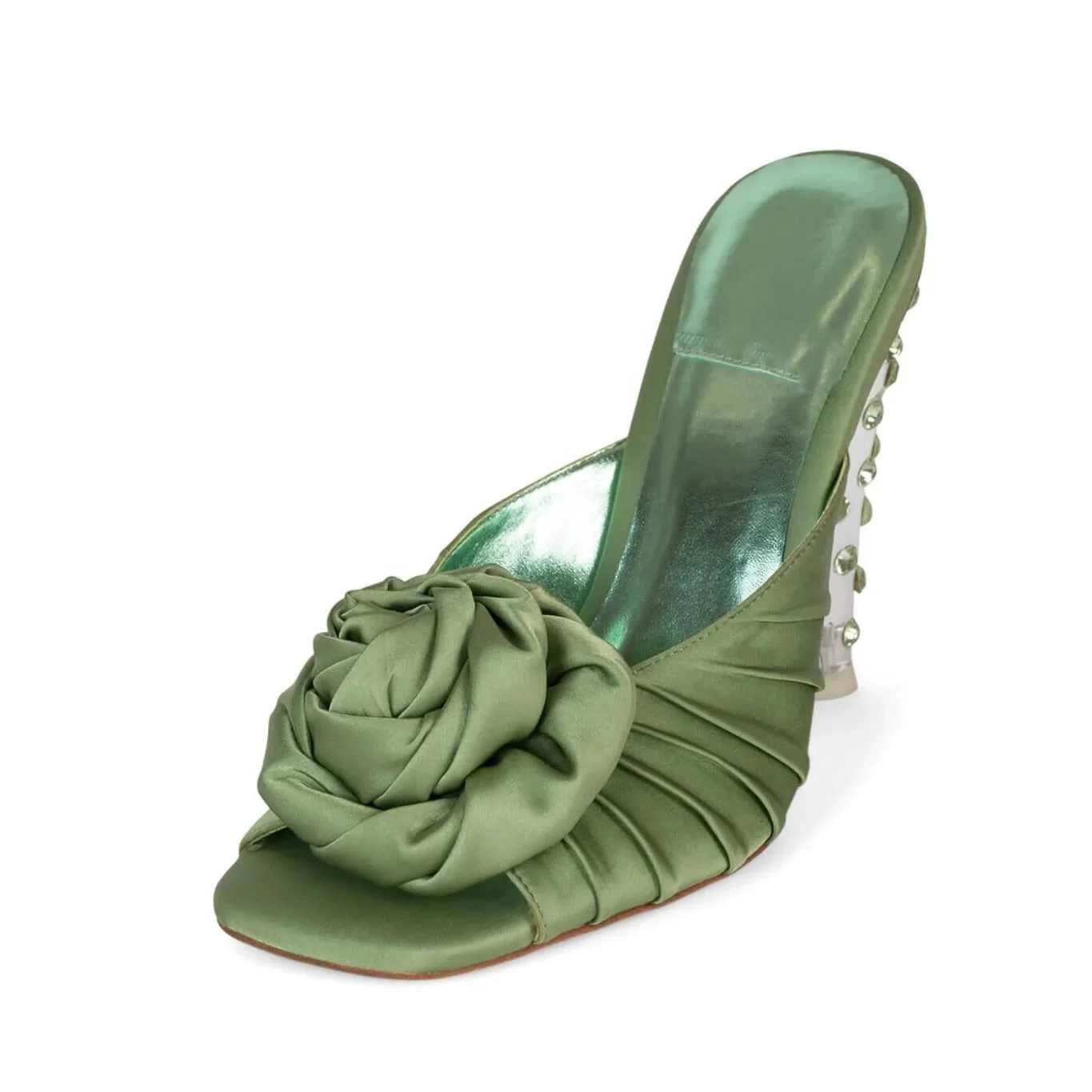 Anmairon shoes new arrival party shoes sexy clear heel sandals high quality pink stain open toe chunky heel flowers slippers