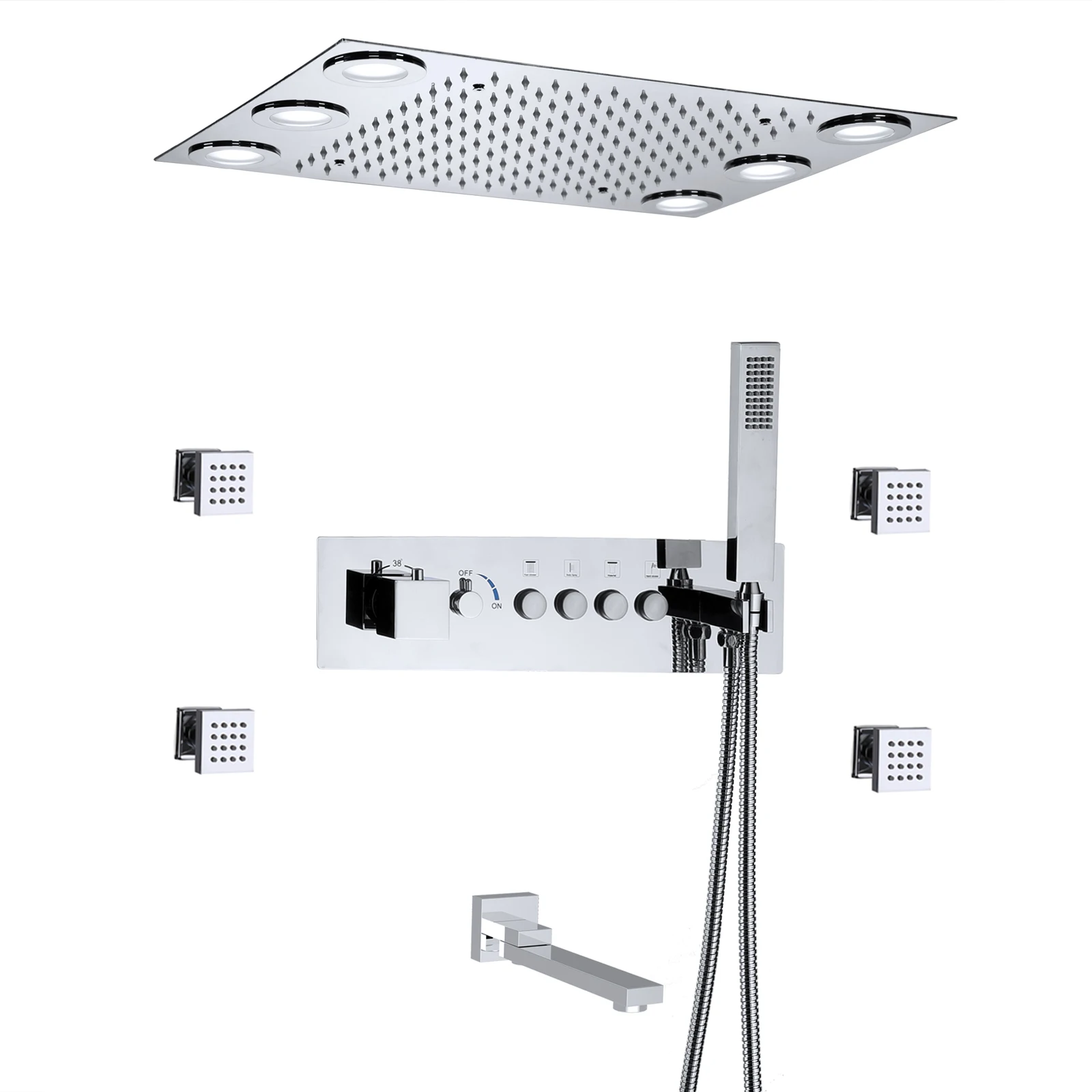 Bathroom Ceiling 20*14 inch LED Shower System Rainfall Chrome Thermostatic Valve body With Water Flow Control Lever Shower Set