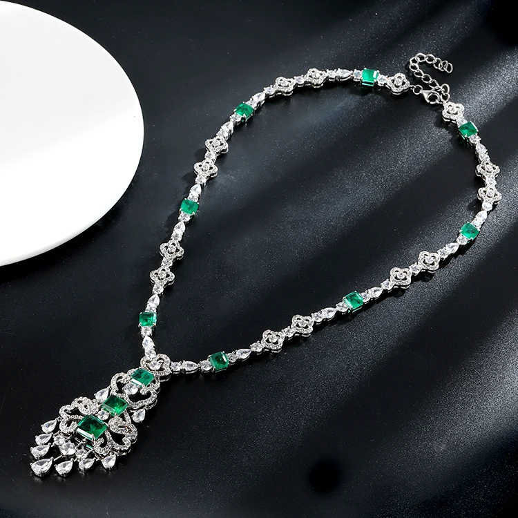 Luxury Necklace Setting Cubic Zirconia Emerald Green Necklace 925 Sterling Silver Party Necklace