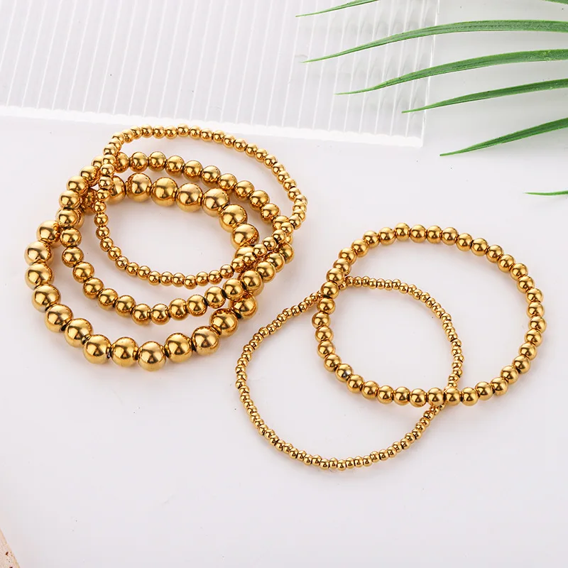Elastic String Non-Tarnish 18 K Real Gold Ball 2MM 2.5 MM 3 MM to 10MM Minimalist Beaded Stretch Bracelet for Women