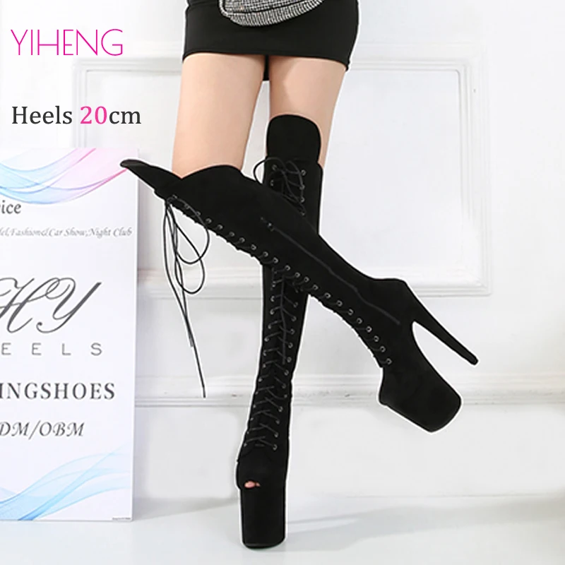 Fashion Ladies Heels Spring Autumn Suede Platform Pole Dancing Shoes 20cm Nightclub Women High Tube Knee High Boots
