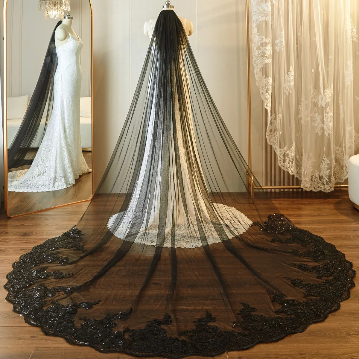 Романтические Свадебные блестки с цветочной кружевной отделкой, свадебная вуаль, мягкий тюль, длина собора, черная свадебная вуаль