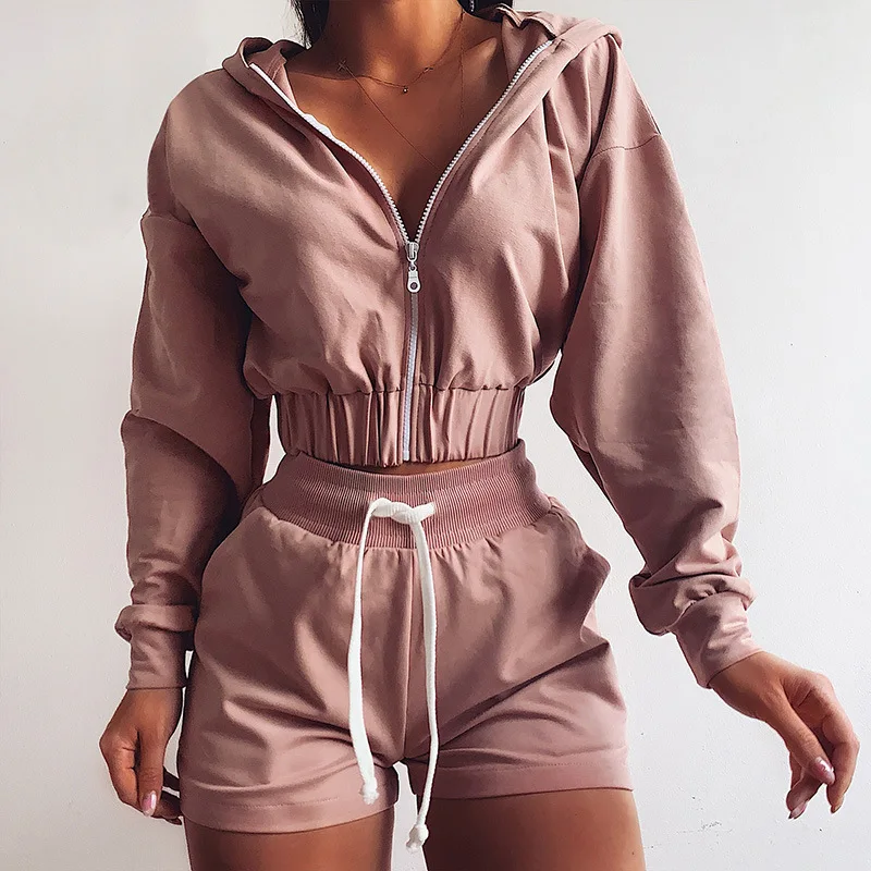 
High Quality Long Sleeve Hoodie Snack Shorts Suit Hooded Cardigan Sweatshirt Casual Homewear 2 Piece Set Women Custom Tracksuit 