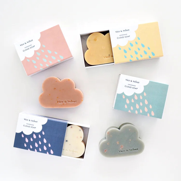 Natural Handmade Small Cute Bath Soap Bar in Cloud Drawer Coated Paper Packaging Box UV Matt Laminated with Embossing for Gift
