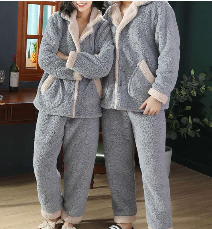 Autumn and winter new leisure cashmere couple home wear thickened warm pajamas set