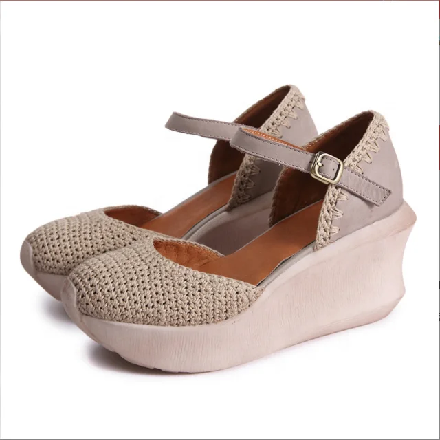 2022 new hand knitted leather wedge heel platform women shoes