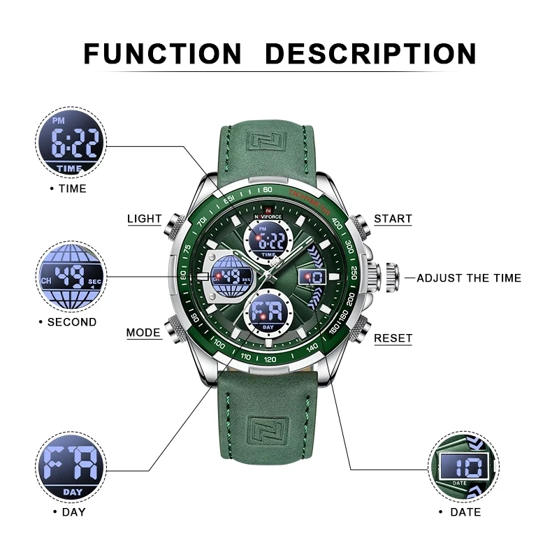 Часы наручные NAVIFORCE мужские с хронографом, роскошные спортивные водонепроницаемые кварцевые большие цифровые, с будильником, 9197