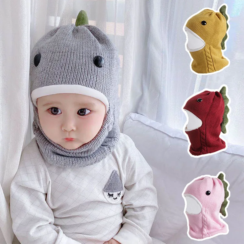 Wholesale Kids Knitted Hat Infant Thick Hooded Scarf Toddler Baby Winter Hat Scarf Warm Cap