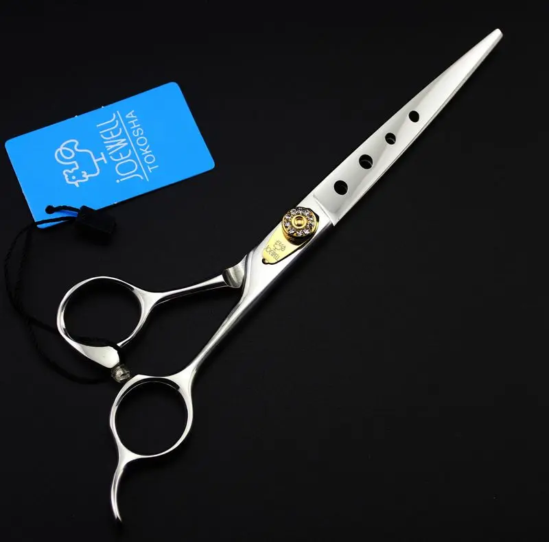 free shipping JOEWELL 7.0 inch 440C stainless steel hair cutting  scissors with hole on hand with leather case