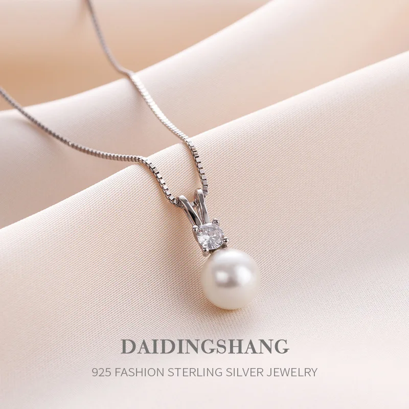 Large Faux Pearls Pendant 925 Sterling Silver Necklace Inlaid Shiny Round Cut Zircon Pendant Sweet Neck Jewelry For Women Girls