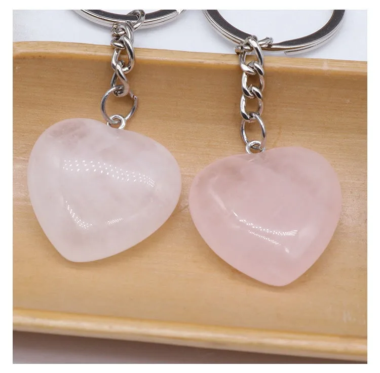 Novelty Gemstones Crystal Keychain Luxury 30mm Rose Quartz Heart Love Stone Pendant Keychain Valentines Day Gift for Women