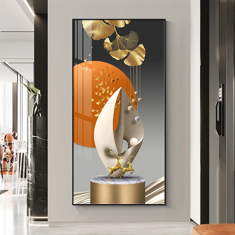 Light luxury living room decorative painting geometric abstract crystal porcelain wall art painting feather painting