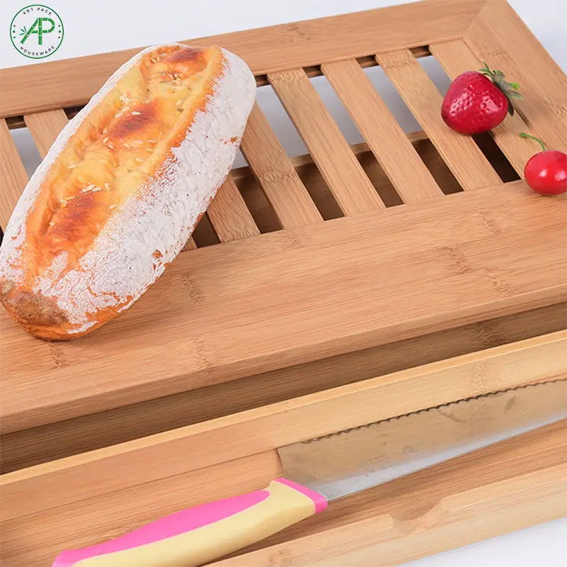 manufacturer custom logo natural bamboo Bread Cutting Board with Slide out Crumb catcher drawer food tray for Household