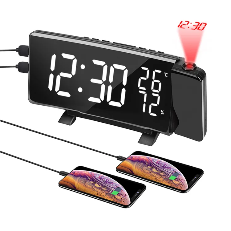 Factory Wholesale FM Radio Snooze Dual USB Charging Digital Led Projector Alarm Clock