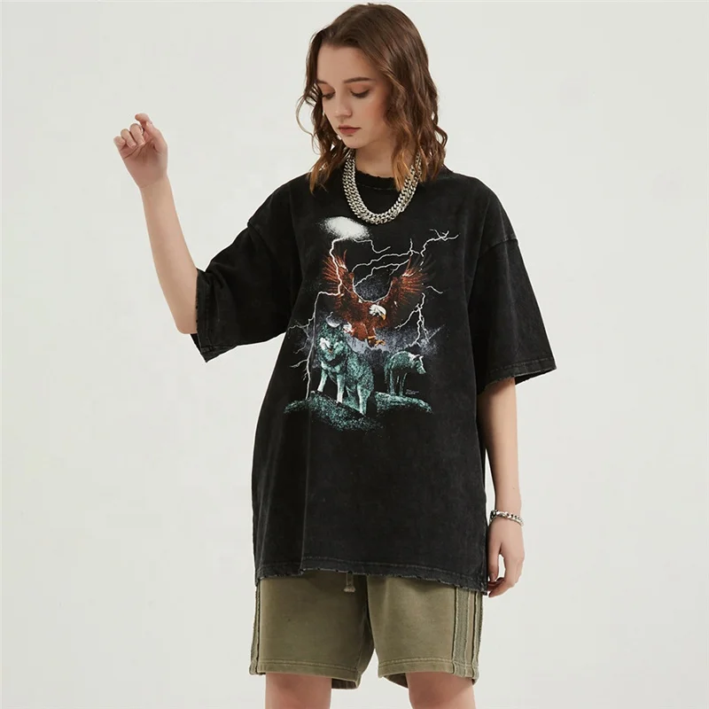 High Street Hip Hop DTG Printing Vintage Crewneck Acid Washed T shirt Men