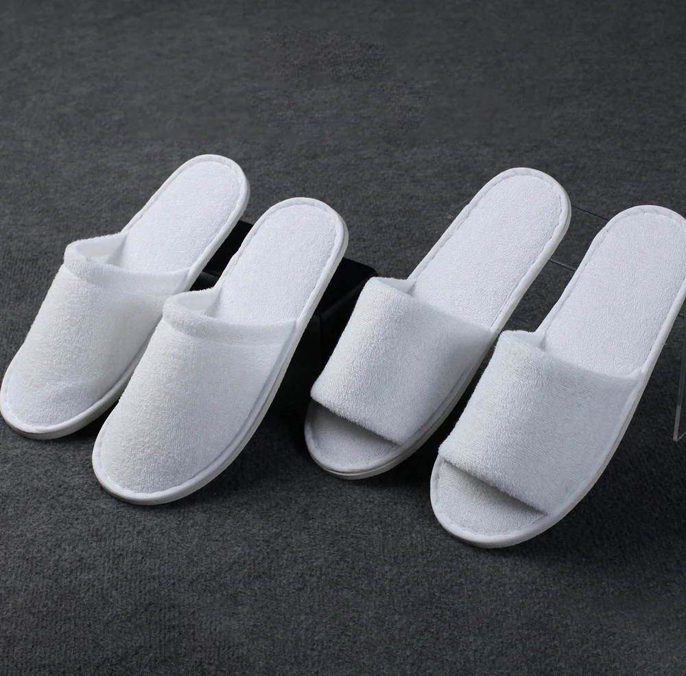 Hot selling OEM hotel customer logo open and closed toe disposable brushed terry cloth slippers