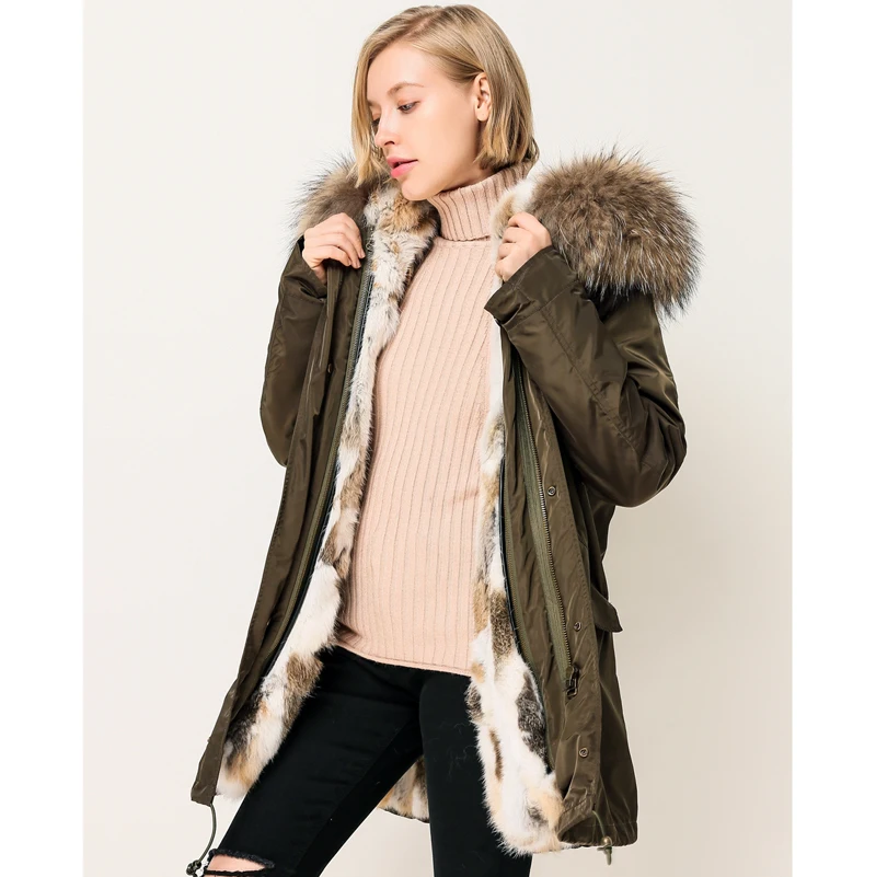 CX-G-P-14B Custom Service Pink Rabbit Fur Lined Parka Coat Women Jacket with Raccoon Fur Collar