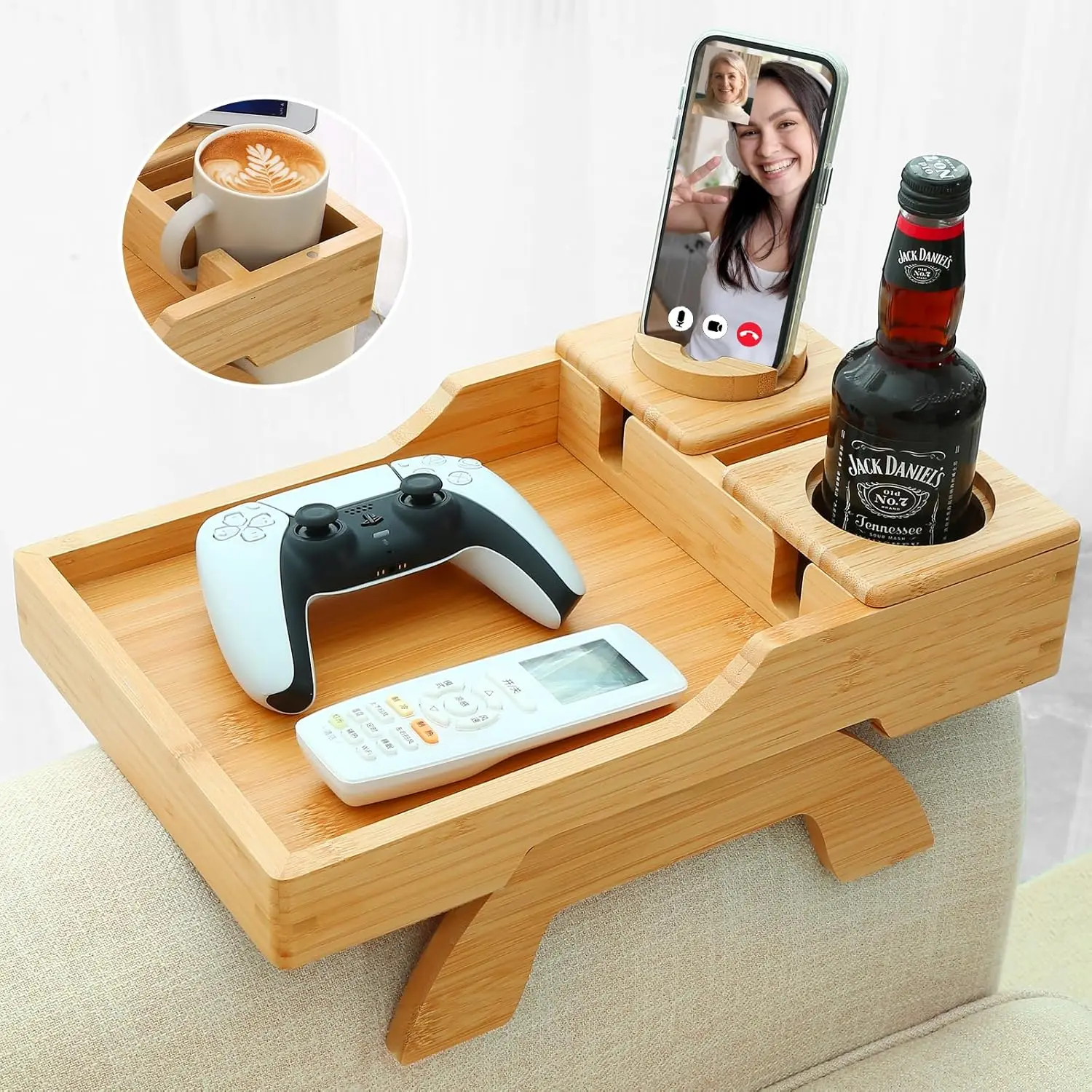 New designs customizable foldable natural bamboo wooden couch arm cup holder tray table keeps drinks organizer