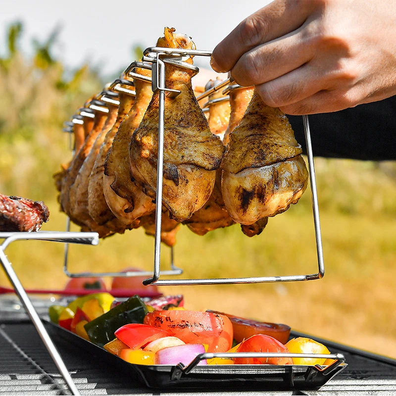 Stainless Steel Barbecue Multi-Purpose Drumsticks Smoker Roaster Stand with Drip Pan BBQ Chicken Leg Wing Grill Rack Slots