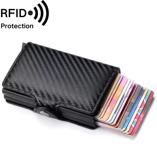 High capacity Double box Aluminum Genuine Leather RFID Safe Card Case Automatic Pop Up Credit Card Holder Case
