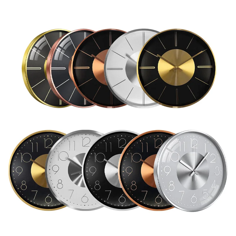 12 inch Fashion Luxury Metal Fancy Aluminum Wall Clocks Custom Round Modern Simple Silent Black Splicing Gold Wall Clock