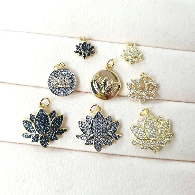 CH-LHP1608 Trendy CZ Lotus Pendant Gold Plated Black CZ Lotus Pendant Pearl Gold Lotus Charms Two-Color Flower Charms Wholesale