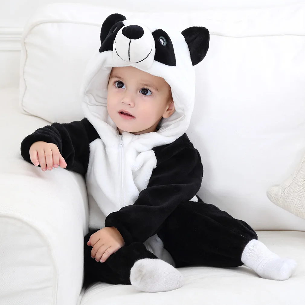 Baby Flannel Hooded Jumpsuits Playsuit Cartoon Children Costume Panda Bodysuits Rompers for Infant Toddlers