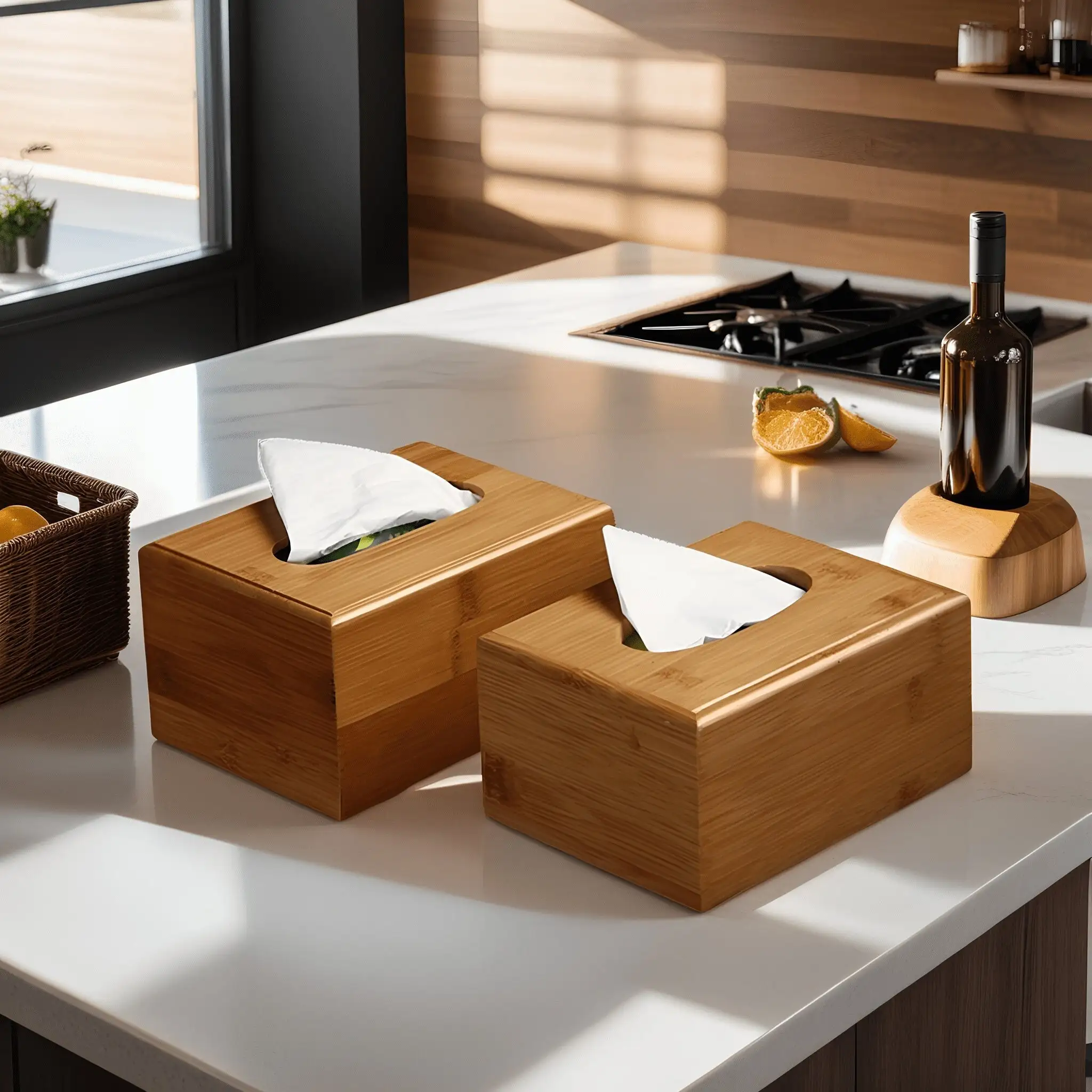 Customized luxury desktop organizer tissue box  container bamboo rectangular napkin holder