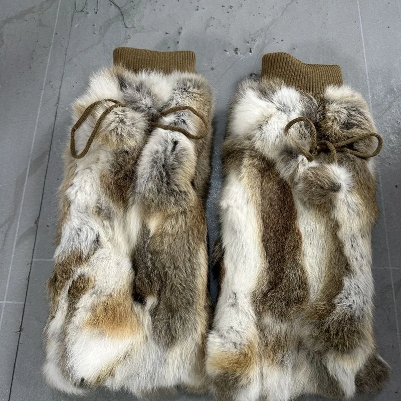 MWfur Fashion Wholesale Rabbit Fur Knee Pads Knee Brace Patchwork Natural Rabbit Fur Leg Warmer with Fur Balls For women