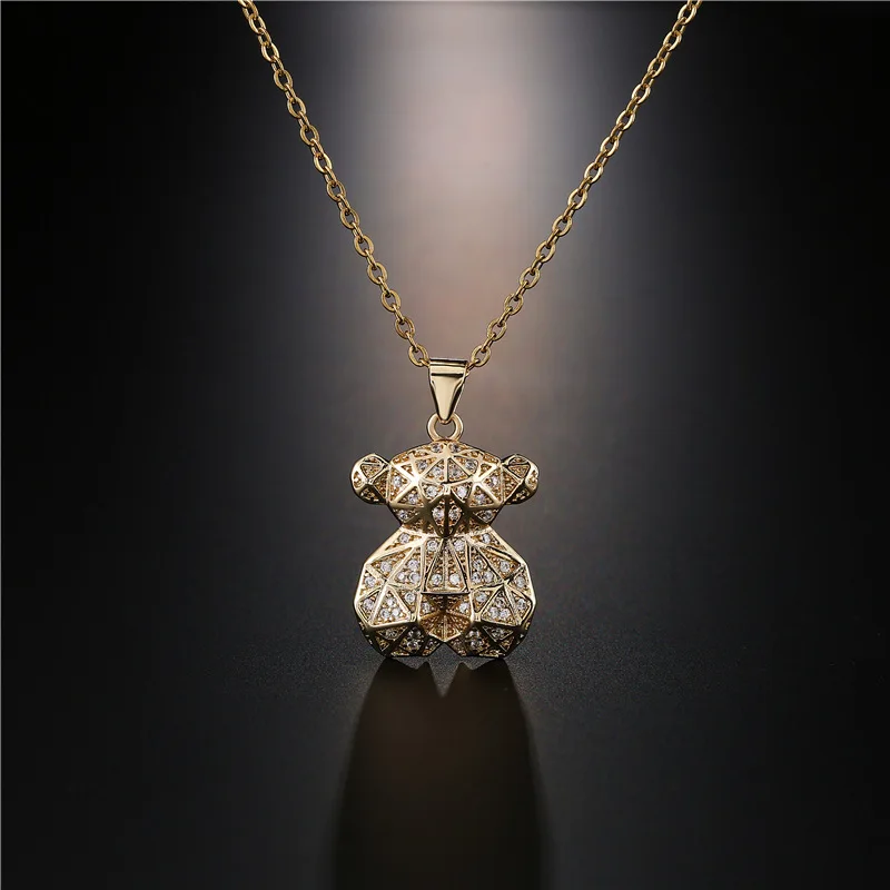 Custom 18K Gold Plated Teddy Bear Pendant Cubic Zircon 45+5cm O-shape Chain Pendant Necklace