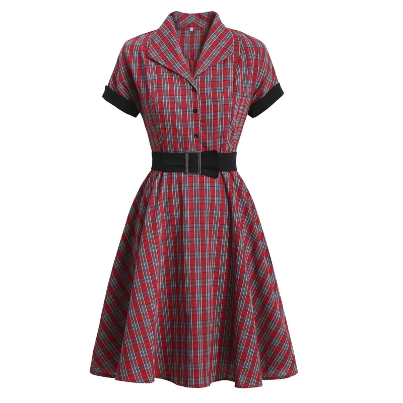 Женское платье в клетку Kleid VD1623, желтое красное винтажное платье в британском стиле, с коротким рукавом, поясом и отложным воротником, в стиле ретро, на осень