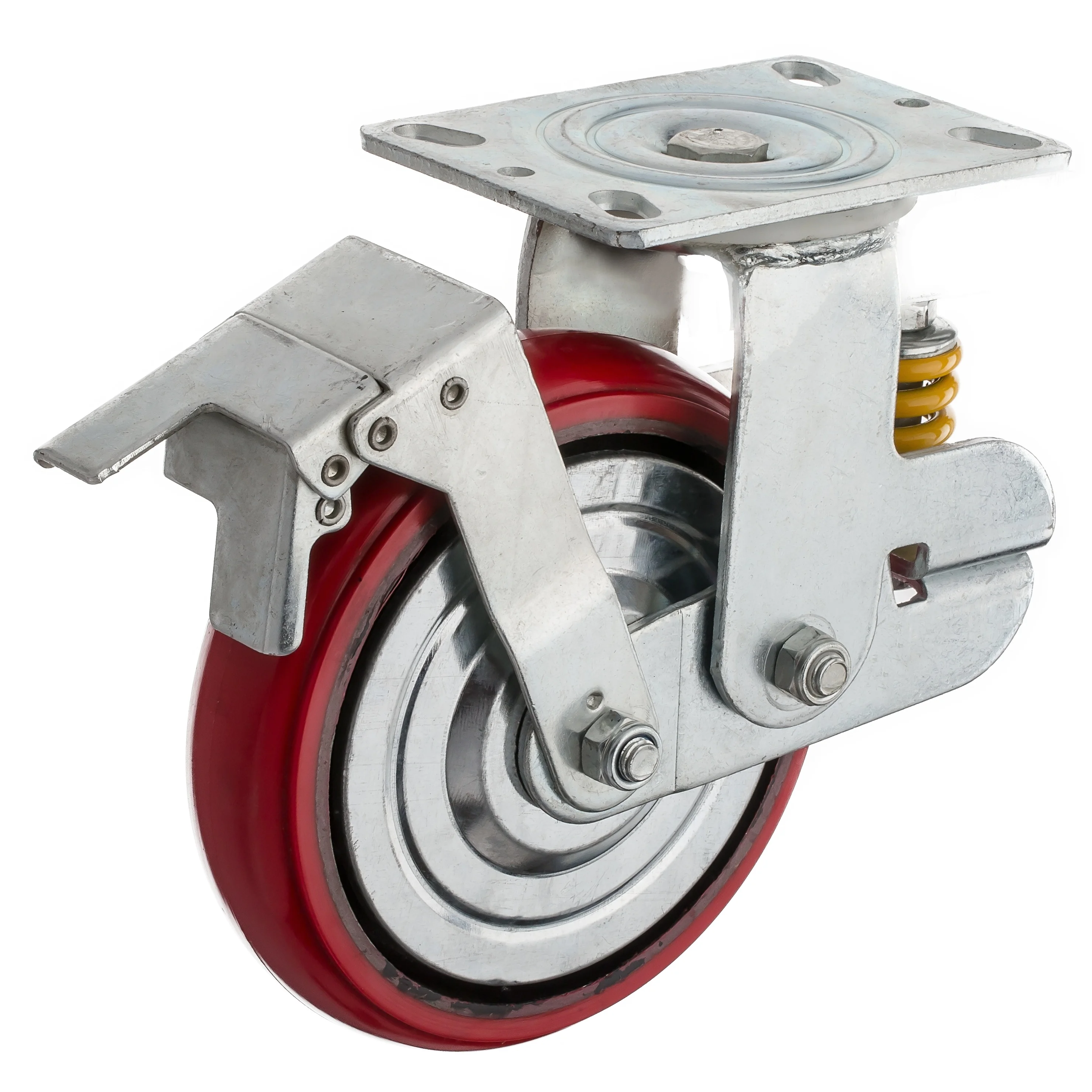 150mm shock absorbing spring load castor wheel   Heavy duty PU shock swivel caster with brake