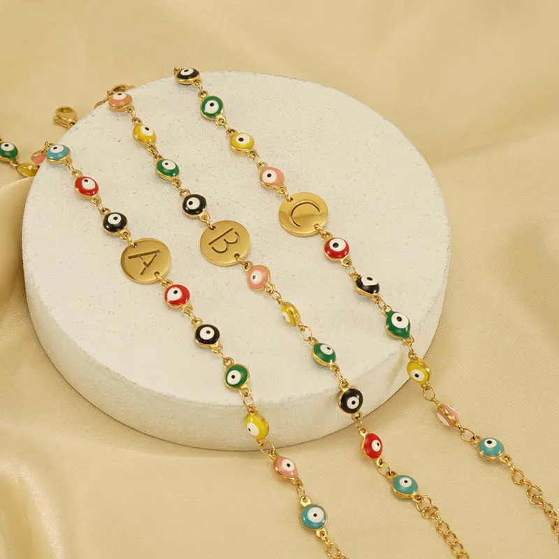 Hot Sale Custom High Quality 18K Gold Plated Stainless Steel A-Z Letter Turkey evil eyes Bracelet Cute Eyes Bracelet