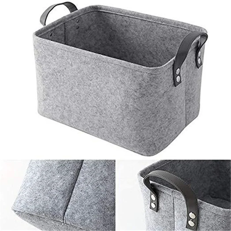 Foldable And Durable Gray Felt Cloth Portable Storage Basket Dirty Clothes Storage Box for Toy with PU Leather Handles