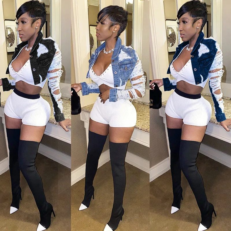 Hot sale ripped mini jeans jacket women clothing fashion denim jacket