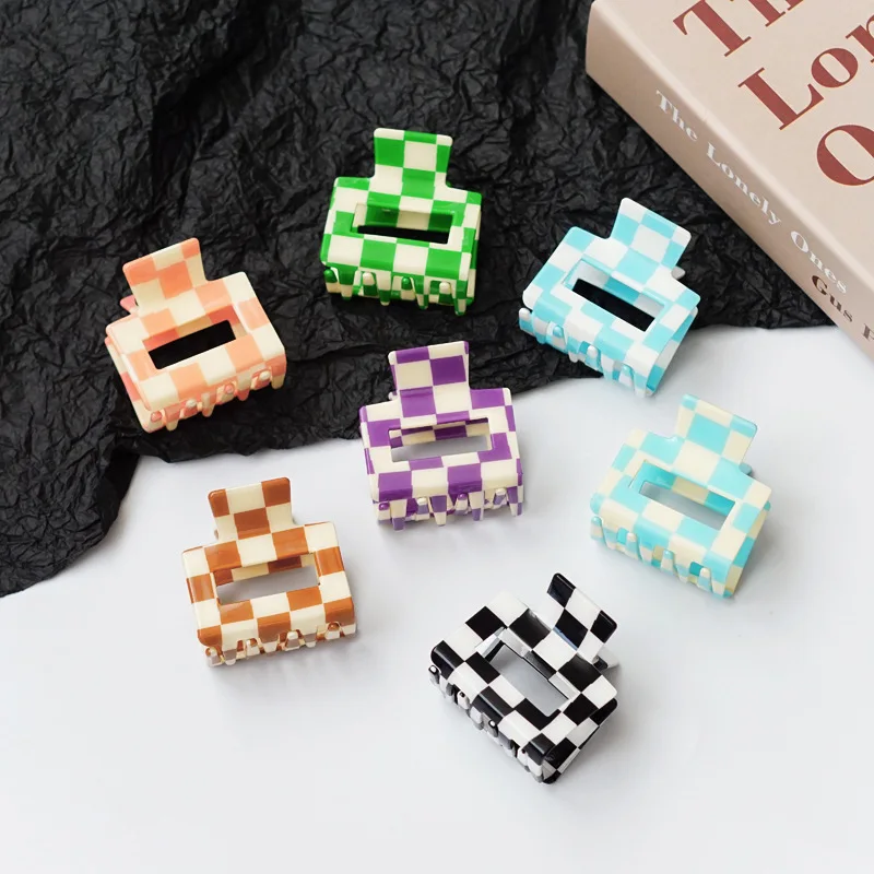 GIRLIZE 5/7.5/8.5/9.5/10.5cm Korean Large Colorful Geometric Checkered Hair Claw Small PVC Plastic Acrylic Claw Clip For Women