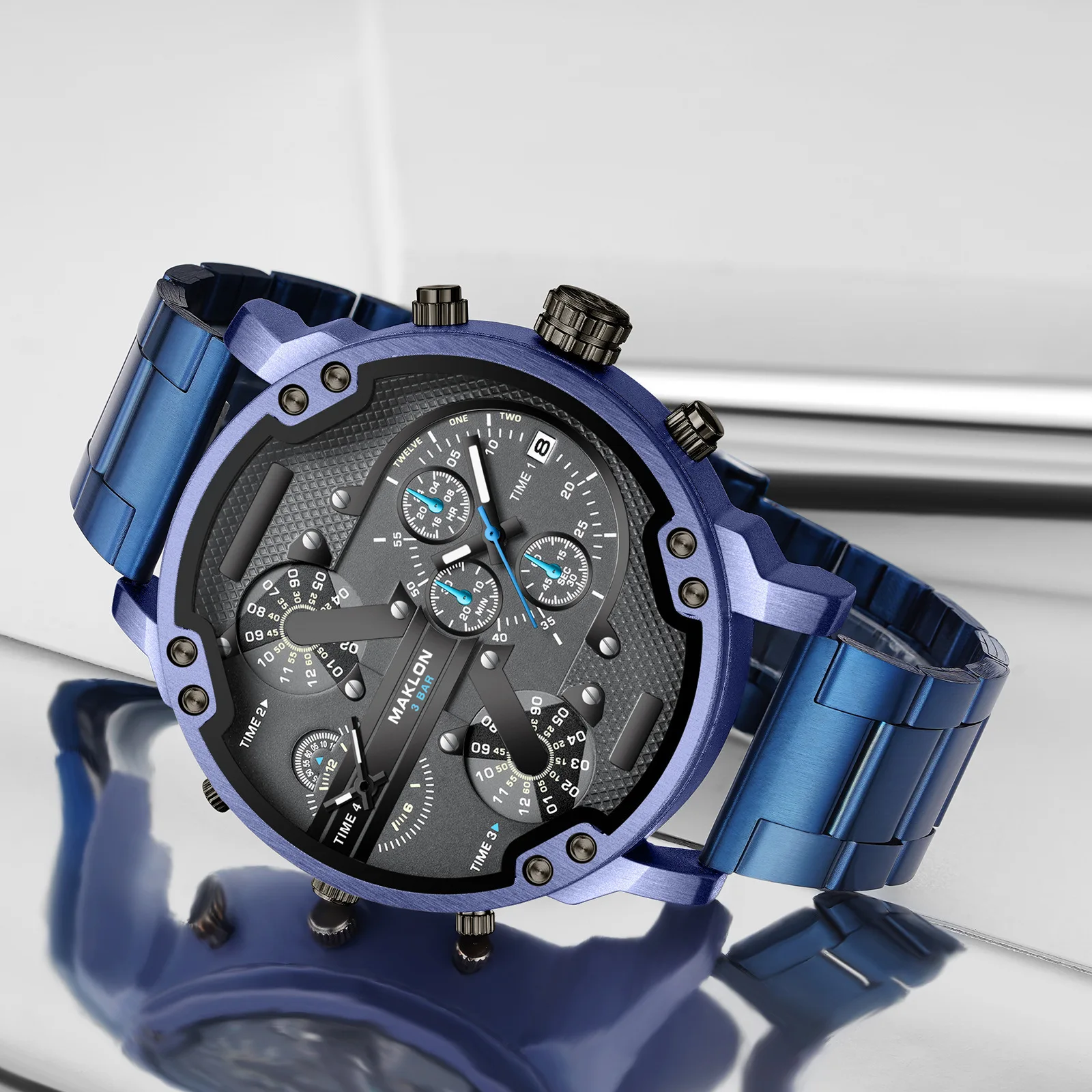 2024 Fashion Luxury Stainless Steel 2 Time Zone Men Quartz Watches Oversize Large Wristwatch Custom logo Men Business Watches