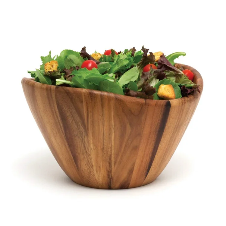 Fashion Design Kitchen Countertop Irregular Shape Wood Brown Wave Bamboo Salad Bowls With Server