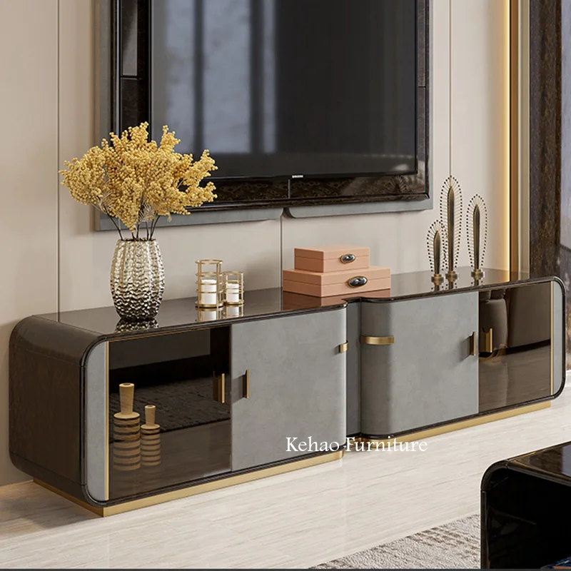 Modern 4-door TV Stand Living Room Furniture Wooden TV Stand with Glass Living Room Coffee Table and TV Stand Set