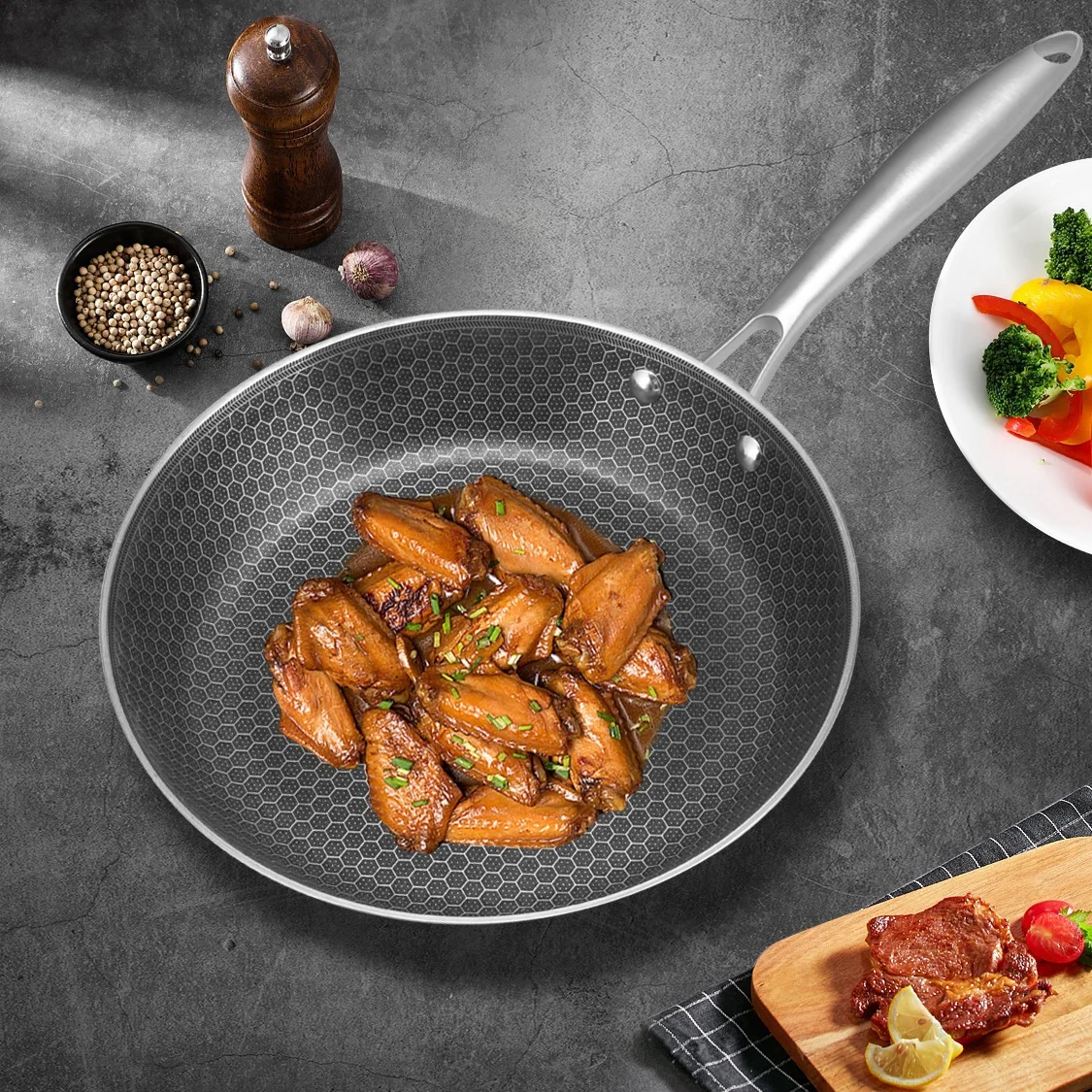 Non-stick Hybrid Cookware 304 Stainless steel Eco-friendly Honeycomb  Frying Pan hex clad Flat Pot induction Multi Functional