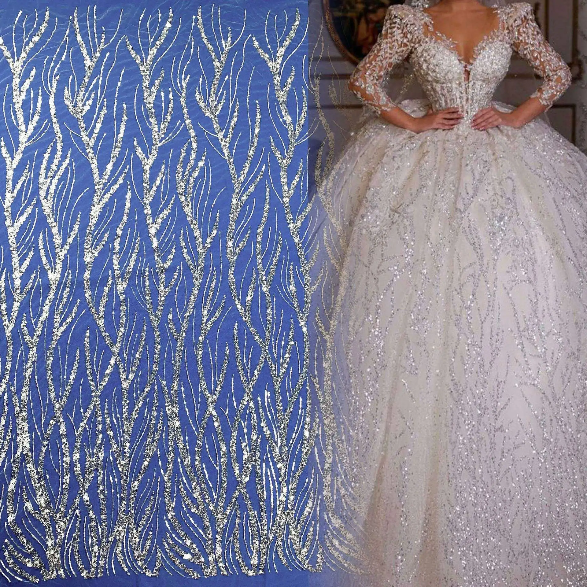 New Classic Twig Crystal Chip Silver Bead Wedding Dress Embroidery Fabric