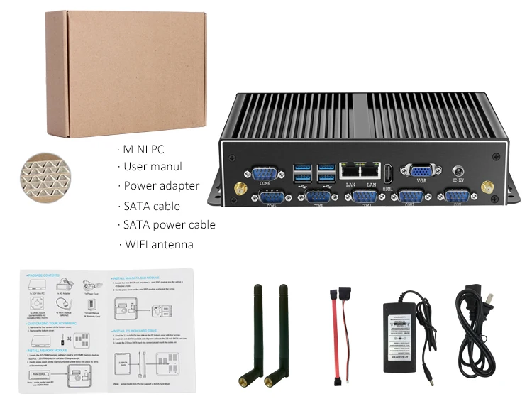  Безвентиляторный промышленный ПК компьютер J1900 Core i5 4200U i7 Win7 Win10 Ubuntu 2 Gigabit Ethernet Barebone Mini IPC 6 * RS232/485 8