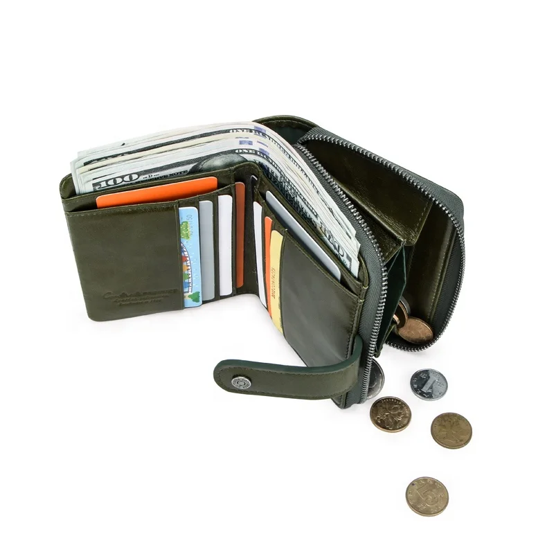 Drop ship ladies luxury leather rfid blocking bifold button closed with zipper coin pocket slim purses for women