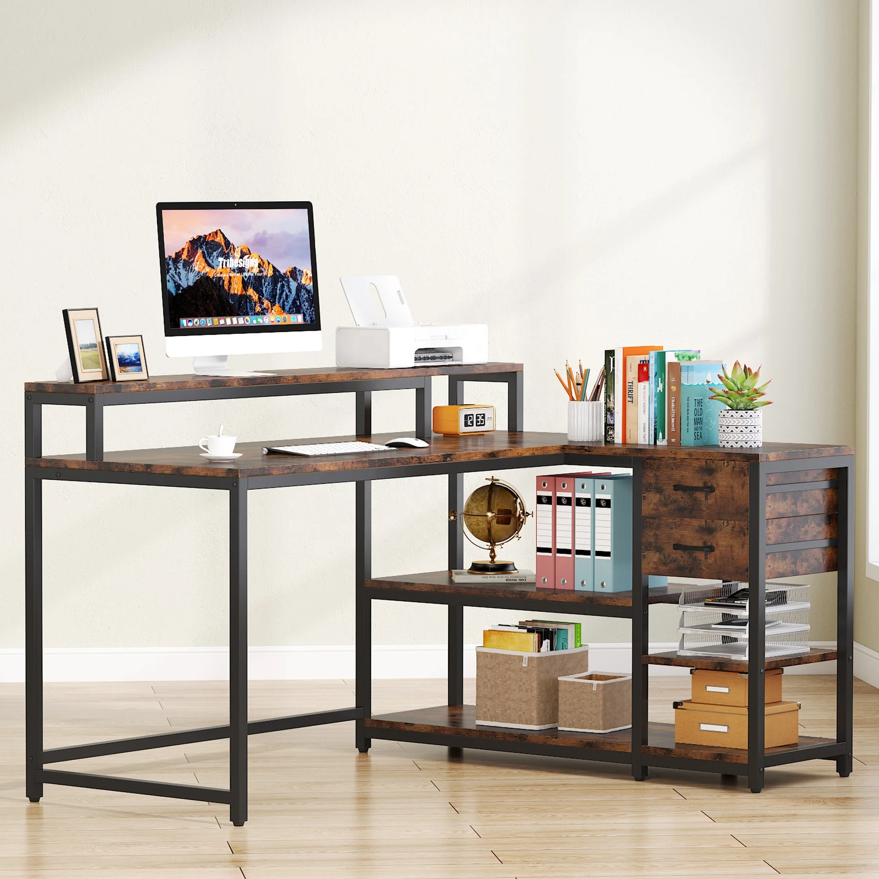 Tribesigns L Shaped Desk with Drawer Industrial Home Office Furniture Rustic Wooden and Metal PC Computer Desk