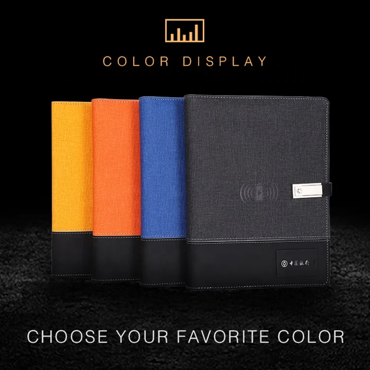 A5 custom brand PU leather notebook with power bank wireless charging USB driver.