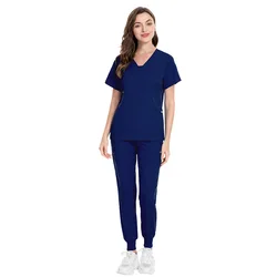 New Wholesale OEM V-neck Two-piece Surgical Suit Scrubs Uniforms Sets Elastic Short Sleeve Nurse Suit Nursing Scrub Jogger Pant