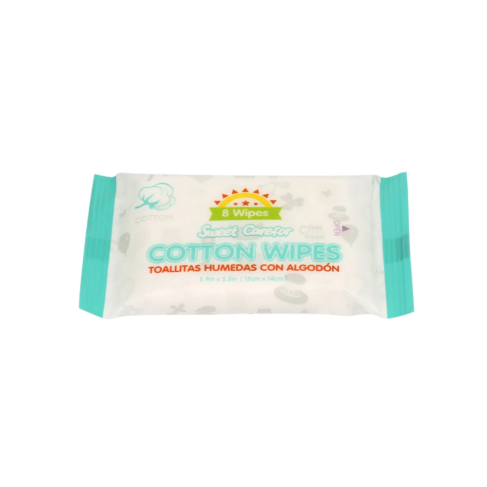 100% Biodegradable Cotton baby wipes travel size 8pcs Mini OEM cleansing wipes