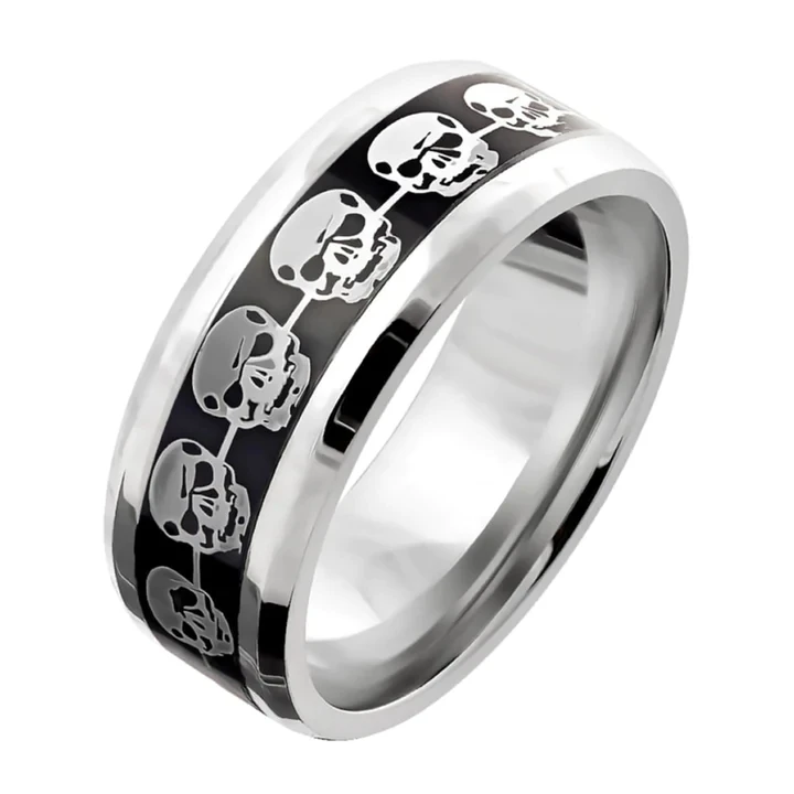 Men Silver Skull Skeleton Inlay Carbon Fiber Wedding Band Promise Rings Black Tungsten Carbide Rings