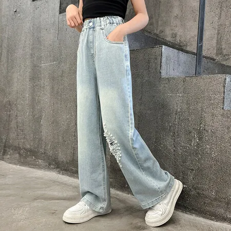 2024 New Summer Teenagers Girls Washed Blue Pearls Patched Jeans Big Girl Summer Thin Jeans 5-15 Years