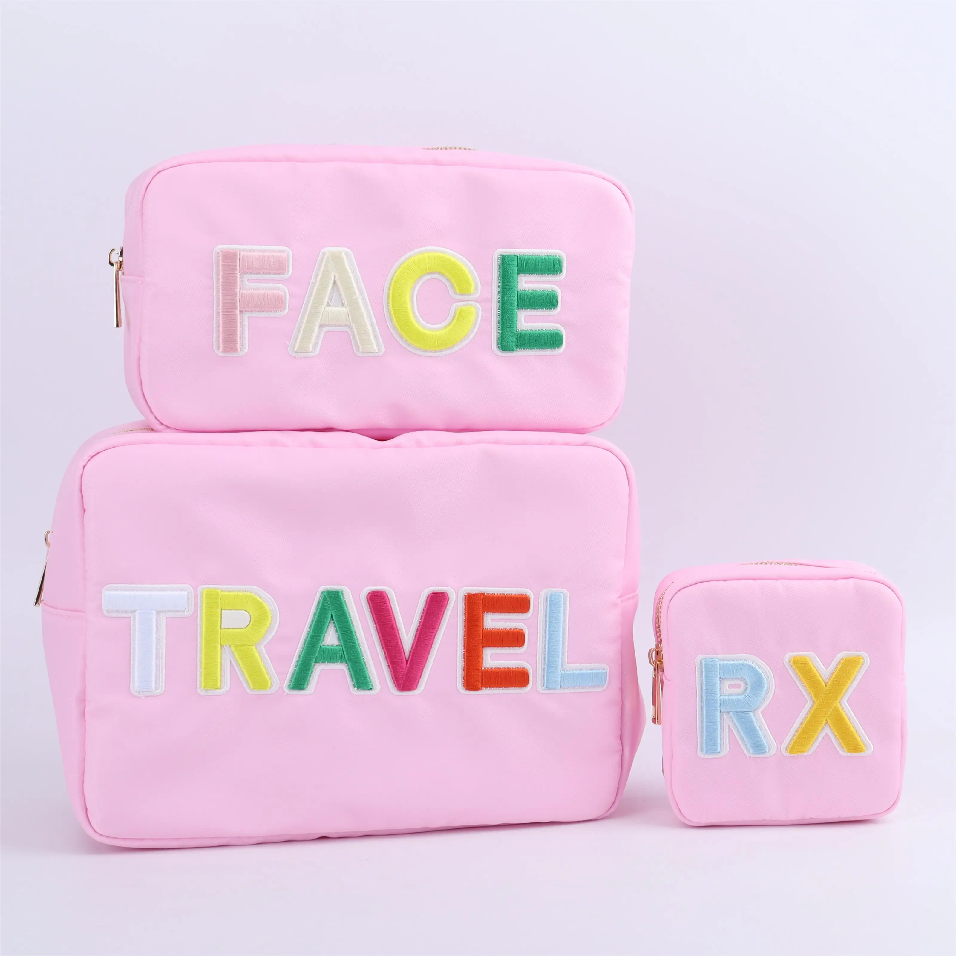 Waterproof Zipper Toiletry Bag Travel Makeup Bags DIY Embroidery Letter Patches Girls Beauty Pouches Portable Cosmetic Bag